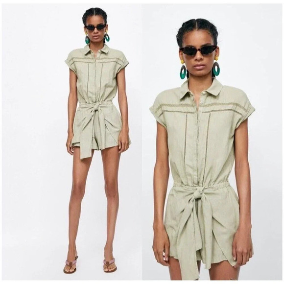 Zara Sage Green Linen Tie Front Romper Lace Khaki Womens L Neutral - Picture 1 of 9